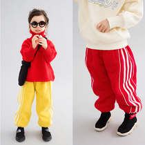 Pear small leisure Winter girl plus velvet thick school pants sports leisure cotton pants childrens pants 2 color E84K1675