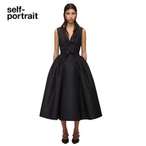 self-portrait classic black cotton poplin bow V-neck sleeveless puffy dress