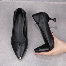 Soft leather high heel shoe finer with spring new cat with single shoe Korean version 100 hitch-pointed work leather shoes