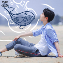 Shaw hand painted pure cotton long sleeve whale pattern male and female Little Flying Man fan round neckline with loose student mistress