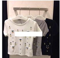 Foreign trade export day single pearl bead stee short soft T-shirt black and white ash