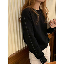 (Limited time 6fold) high-end full wool sleeve color sleeve mouth line basic round neck knitted sweater F1219