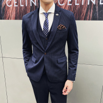 Bridegroom suit suit mens three-piece wedding dress casual dress handsome small suit Korean version of self-cultivation British