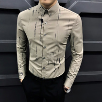 Fugui bird Autumn New striped flower shirt men long sleeve Korean trend slim business leisure high-end shirt men