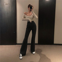 Lggstyle high waist micro horn tugging long pants female autumn winter design feeling black casual pants pituitary pants
