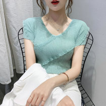European station summer new slim collarbone V-neck T-shirt thin shirt short ice silk sweater womens short sleeve tide
