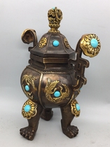 Pure copper and gold inlaid green pine stone Ruyi Hexagonal smoked incense stove Ancient playing antique bronze ware Three foot smoked incense stove home