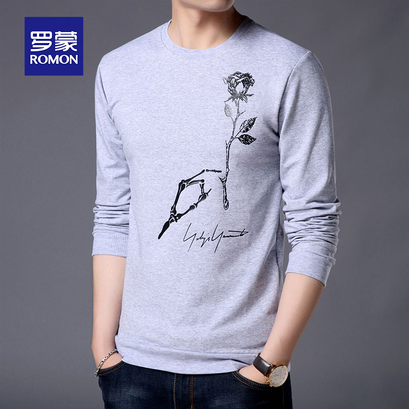 Romon long-sleeved T-shirt mens 2021 spring new casual sweater crew neck base shirt young slim men