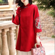 Wool dress womens autumn and winter 2021 new heavy embroidery zen tea dress Han dress Tang dress loose cheongsam