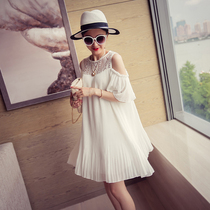 Pregnant Women summer dress socialite off-shoulder short sleeve lace stitching pleated chiffon skirt size fresh temperament pregnant women dress