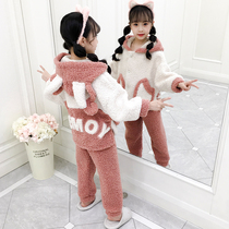Childrens coral velvet pajamas autumn and winter cute princess girl flannel thickened suit