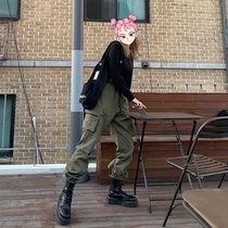 ins Wind cool girl army green pocket toe overalls womens high waist tactics wild handsome trousers Autumn Tide