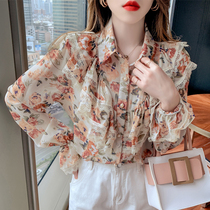 2021 early autumn Korean version of the new sweet ruffle loose thin lace long-sleeved shirt chiffon floral shirt
