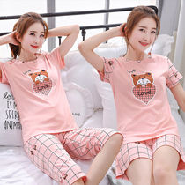 Three-point pants pajamas womens summer short-sleeved shorts Solid color cotton pajamas suit cartoon cute Korean version of home clothes students