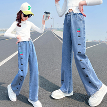 Girls' Thin Jeans Spring Girls' Qiqi loose straight barrel Long Children's Spring and Autumn Brok Leg Pants