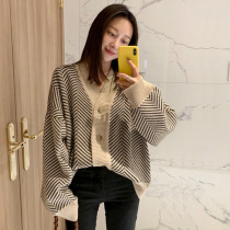 Korean Special Cabinet 2020 Autumn Winter New Retro Wind Temperament Womens Clothing Loose Striped Knit Cardiovert Sweater Jacket Woman