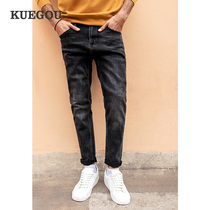 Kuegou mens black jeans mens clothing spring new trend water washed retro long pants 1836