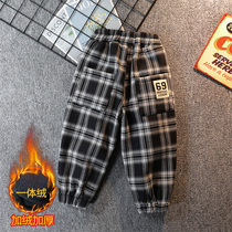 Boys' plaids autumn and winter handsome Korean version of the baby with velvet pants