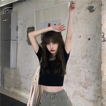 Summer 2020 Korean version of missing navel solid color tight short sleeve T-shirt female ins slim black navel short top tide tide