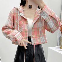 Plaid shirt women short 2021 new womens spring hooded port flavor small Man design sense niche shirt Women