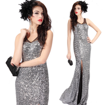 Olélan Gui Workshop Embroidered Silver Dew Back Bright Sheet High Open Fork Long Skirt Sexy V collar Sleeveless Evening Gown
