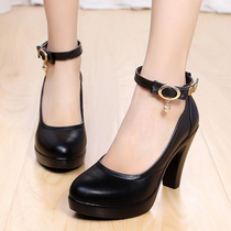 Cheongsam high-heeled waterproof single shoes work shoes black professional shoes leather thick-heeled middle-heel one-word buckle catwalk shoes women
