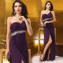 Lan Guifang Dating Purple Single Shoulder Truffle Back Evening Dress Car Show Annual Meeting Party Wedding Suit Open Fork Spandex Dress Dress