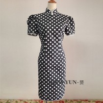 Daily fashion Lady economical cotton cloth bubble short sleeve cheongsam summer slim elegant black background white wave spot