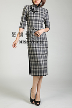Spring Autumn Winter New Classic Grey Plaid hair Elegant Retro 7 Sleeves Mid long qipao dress made with blouses