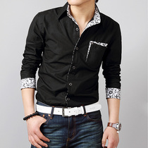 Autumn mens long-sleeved shirt Mens Korean slim casual patch lace base mens shirt youth top tide
