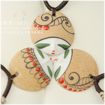 (Ceramic 1987) Jingdezhen ceramic jewelry creative hand-painted retro baby face necklace blue and white clay pendant