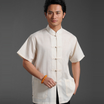 Chongguan new special promotion Old rough cloth Tang clothing mens short-sleeved mens Tang clothing summer Chinese mens clothing This white