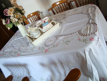 外贸手绣钩织欧式复古布艺桌布盖巾 白 165x255CM 那时花开 超值