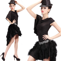 Lan Guifang Short Sleeve Single Shoulder Lotus Leaf Sleeve Black Feather Front Short Rear Long Special Latin Rumba Skew Pendulum Single Cuff Play Out