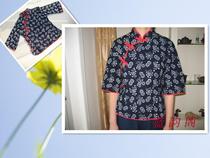 Womens blue printed cloth spring and autumn Tang suit big red buckle seven-point trumpet sleeve jacket tea performance overalls