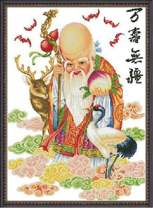 厂家直销 万寿无疆老寿星仙鹤大幅 机绣十字绣成品 水洗全棉 包邮