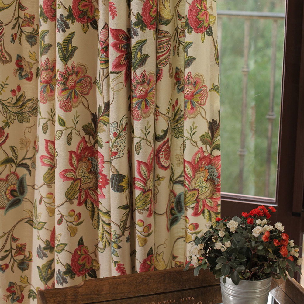 美式田园风格花朵窗帘布 棉麻亚麻成品定制遮光飘窗客厅卧室窗帘