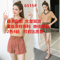 2017夏季新款韩版V领雪纺短袖t恤两件套高腰竖条纹阔腿短裤套装女
