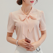 Short Sleeve Chiffon Shirt Female Slim Han Fan Shirt Spring and Summer New White Shirt Women Fashion Bow base shirt