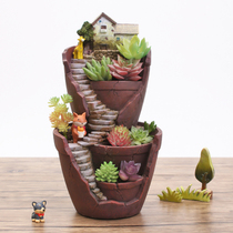 Leisurely creative pastoral retro Sky City succulent plant flower pot decoration personality micro landscape flower decoration