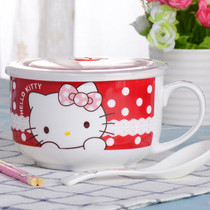 Instant noodles bowl chopsticks set Cute childrens student Korean single household with cover cartoon adult creative personality ceramic