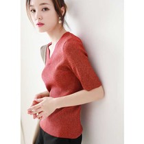 Japanese light luxury glitter V-neck stretch T-shirt top womens autumn slim slim five-point sleeve wool knitted bottoming shirt