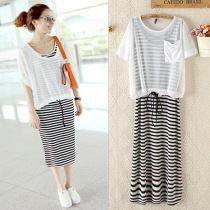 Dress two-piece Korean short-sleeved sunscreen Joker slim striped long skirt Modal vest dress female