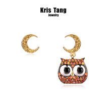 Kris Tang Cute asymmetrical Owl Animal Sparkle Diamond Sterling silver stud earrings Femininity fashion personality