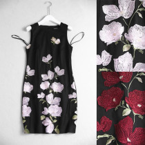 S076D 0717 elegant and delicate mesh yarn splicing positioning flowers embroidered with high waist and sleeveless dress