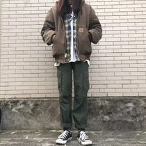 basic mode solid color yuvenle trellis washed loose multi-pocket straight mens and womens vintage overalls military pants