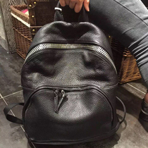 European Station 2019 Black Cowhide Large Zipper Leather Men and Women Joker Backpack Travel Bag Simple schoolbag