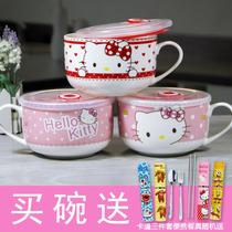 Cartoon ceramic breakfast cup fresh bowl with lid with handle 5 inch sealed instant noodle bowl lunch box can be used in microwave oven