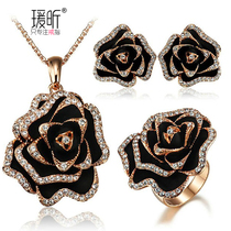Rose European and American exaggerated ring female food ring rose gold stud necklace couple birthday gift set accessories