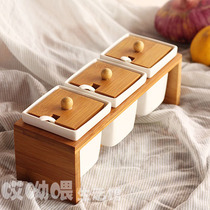 Japanese-style pure white ceramic seasoning jar household high temperature resistant lattice bamboo wood rack kitchen utensils with lid storage salt jar